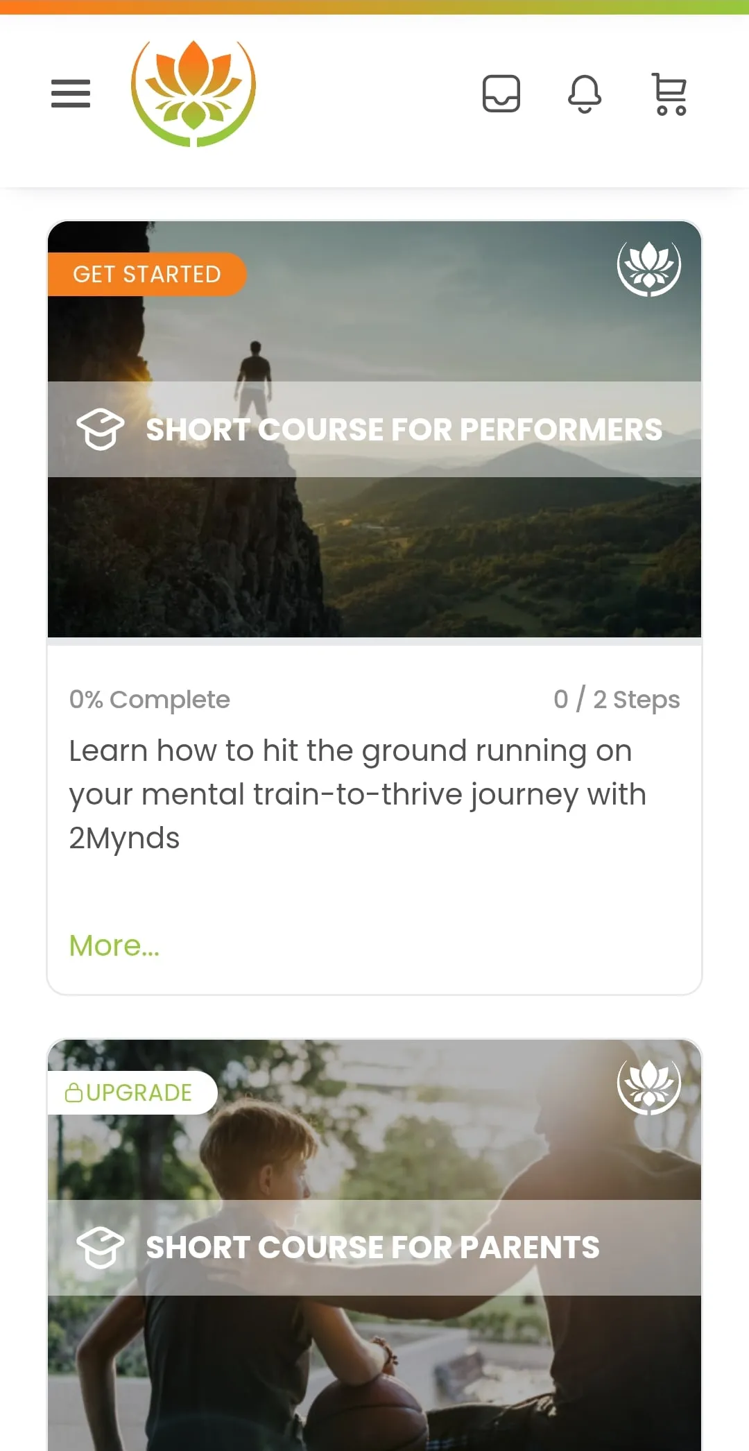 The courses screen: the included short course for performers at nought of two steps, and the parents course offered as an upgrade.
