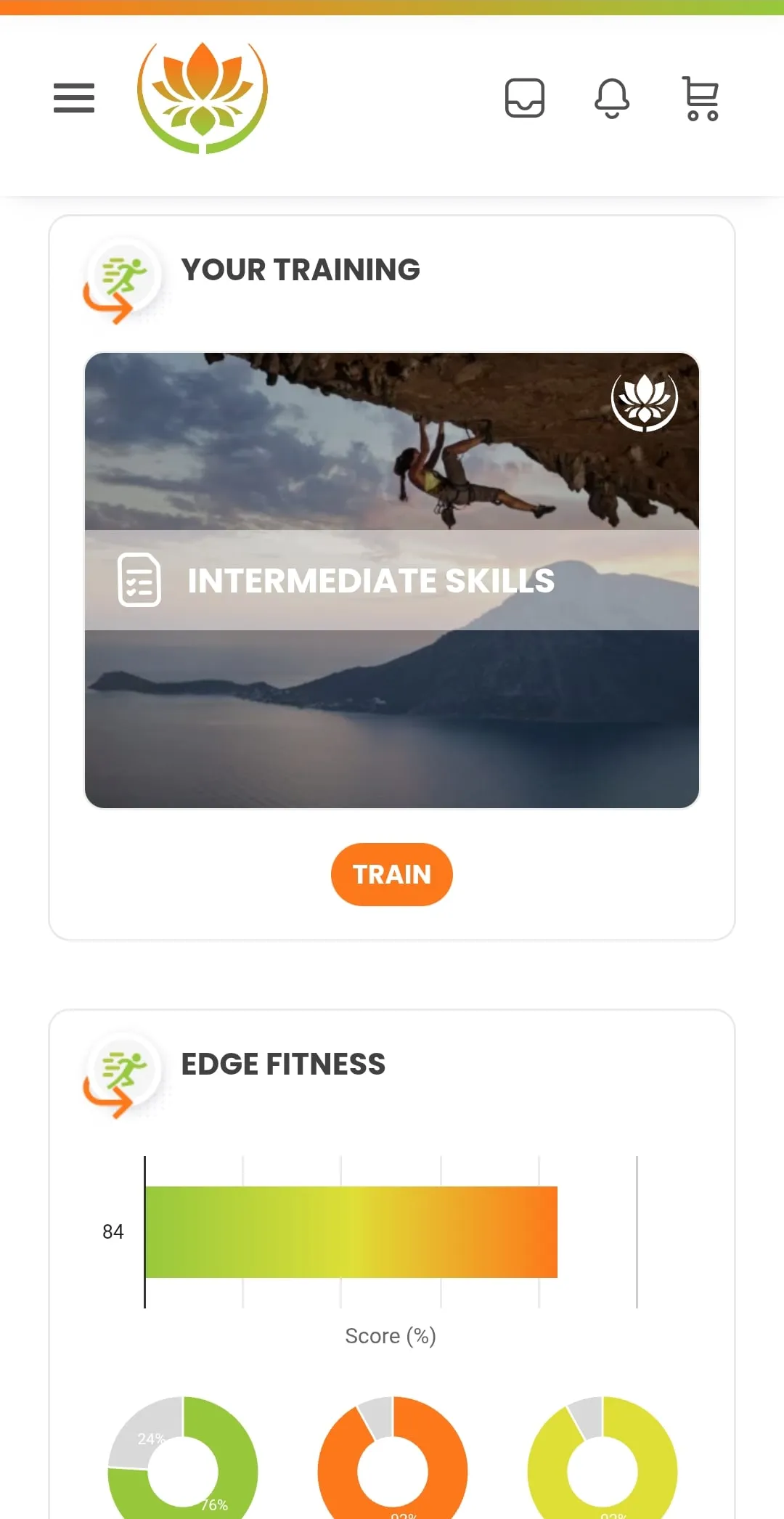 The app home screen: a card for the training in progress, and an Edge Fitness score of 84 above three progress rings.