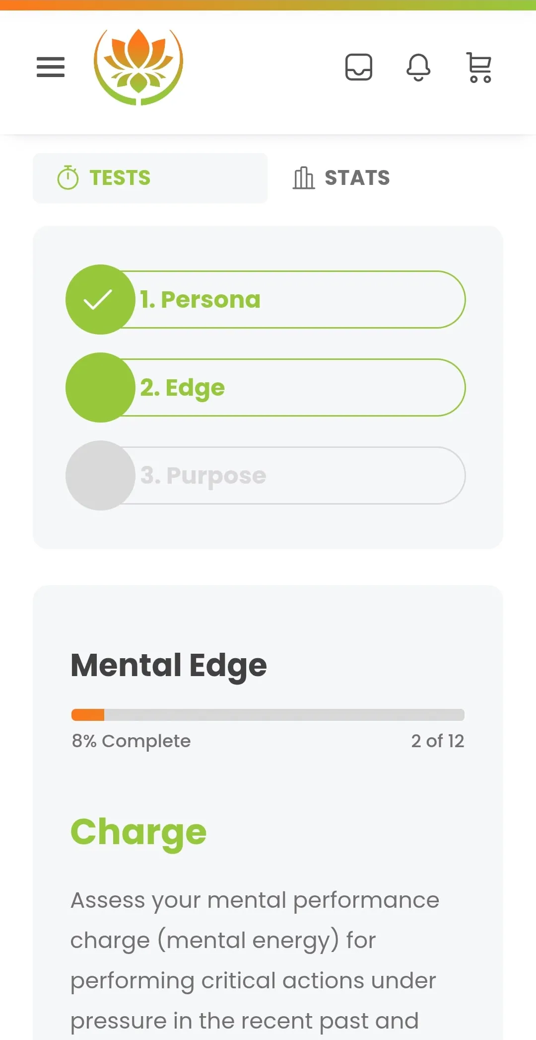 The assessment screen: a three-stage sequence with the first stage complete and the second in progress, above a Mental Edge progress bar reading 2 of 12.